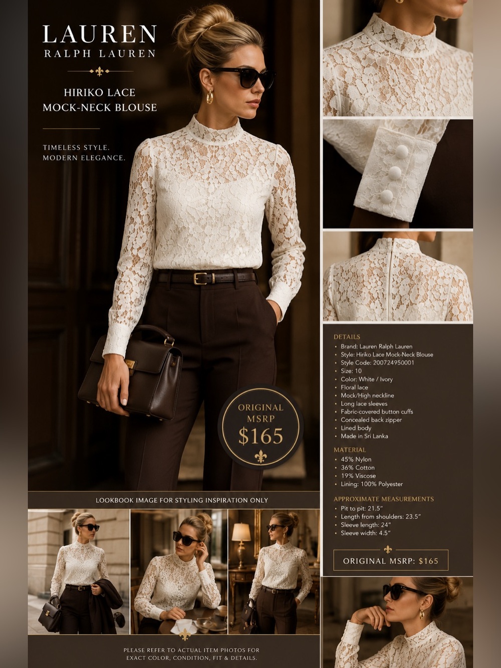 Lauren Ralph Lauren Hiriko White Lace Mock Neck Blouse Size 10